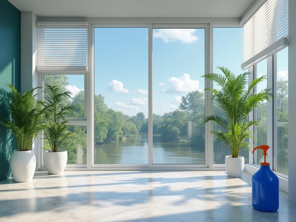 Helle Wohnzimmer-Szene mit großen Fenstern, Ausblick auf Fluss und Wald, innen stehen Zimmerpflanzen in weißen Töpfen und eine blaue Gießkanne.