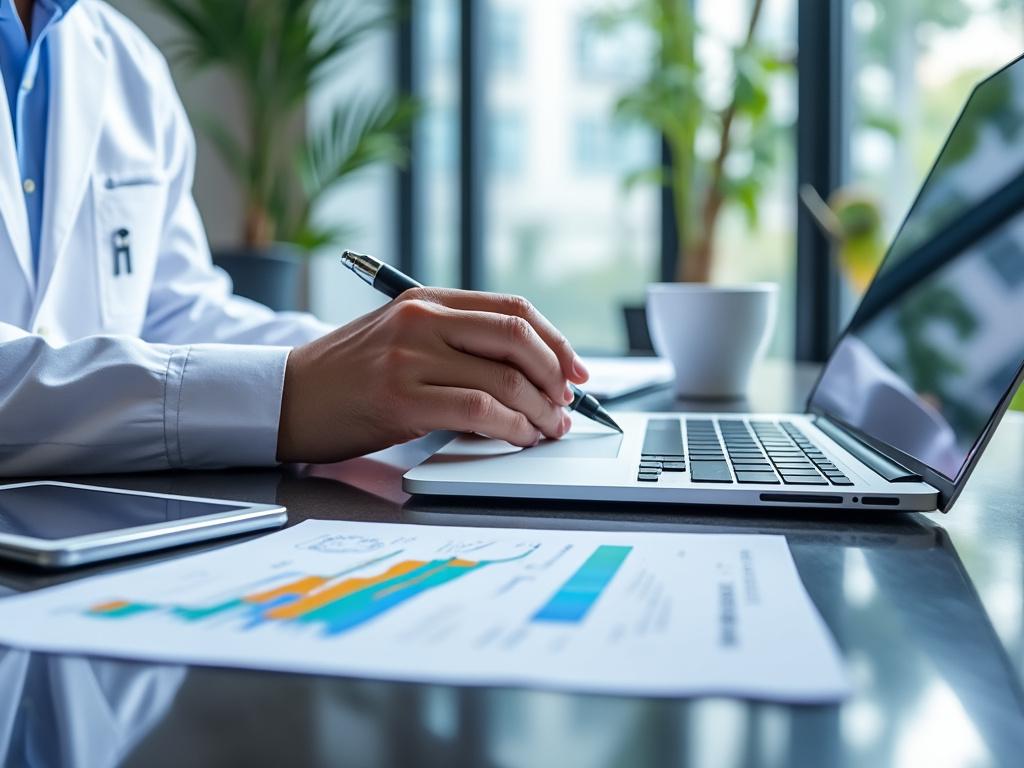 Doctor in white coat working on a laptop with charts and graphs on the desk, in a bright office.