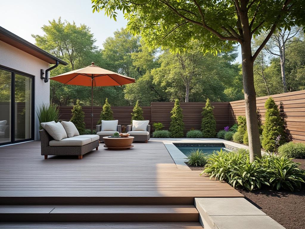 Modern backyard patio with cushioned seating, an orange umbrella, wood deck, and small pool surrounded by greenery and trees.
