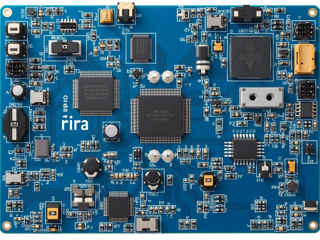 Close-up view of a blue printed circuit board featuring multiple integrated circuits, resistors, and connectors.

