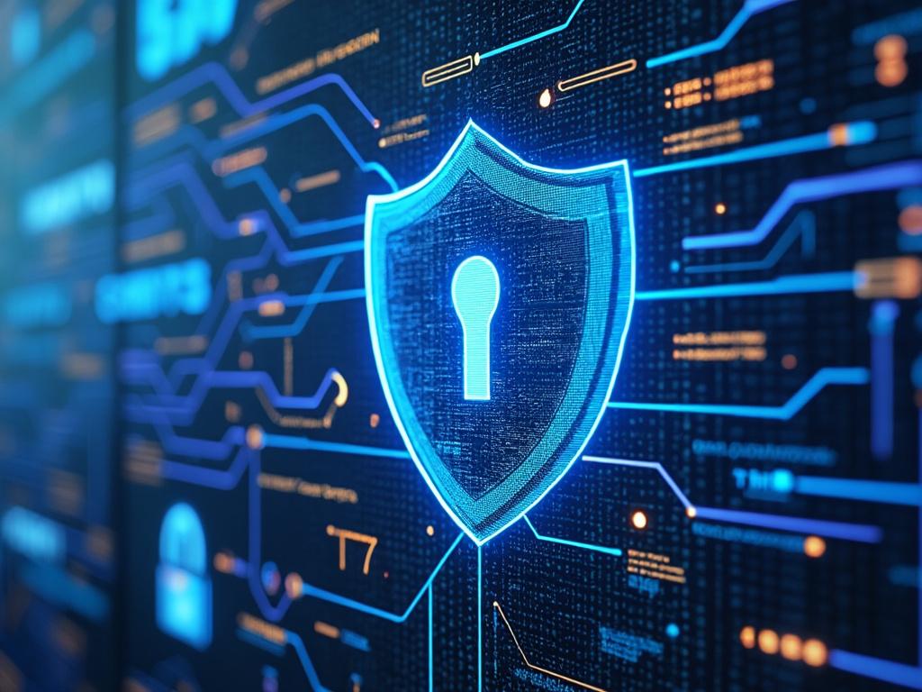 Digital security shield icon with keyhole on a technological background, representing cyber protection and data privacy.