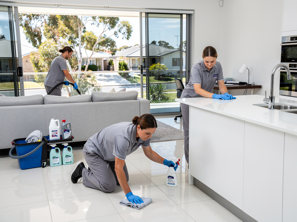 Professional cleaning team disinfecting modern home kitchen, floor and windows with supplies