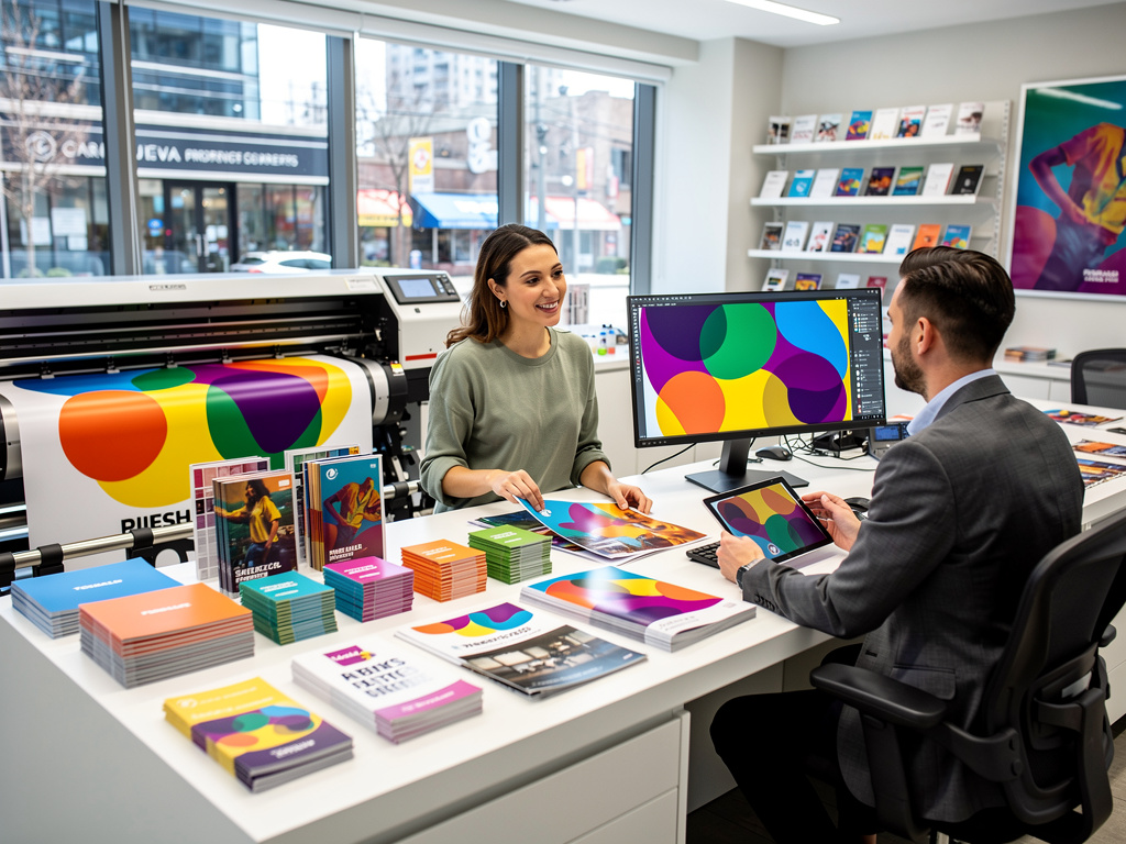 Graphic designers review colorful print materials in a modern print shop with large format printer and design monitor