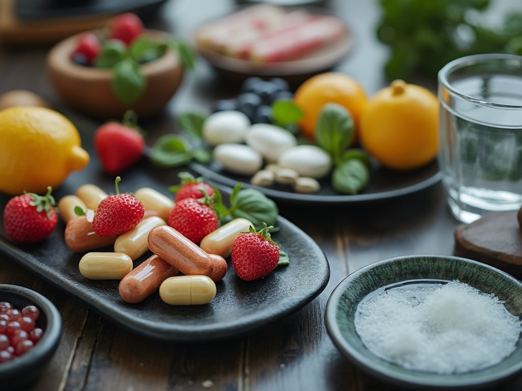 Close-up of assorted dietary supplements and fresh fruits like strawberries and lemons on a wooden table.