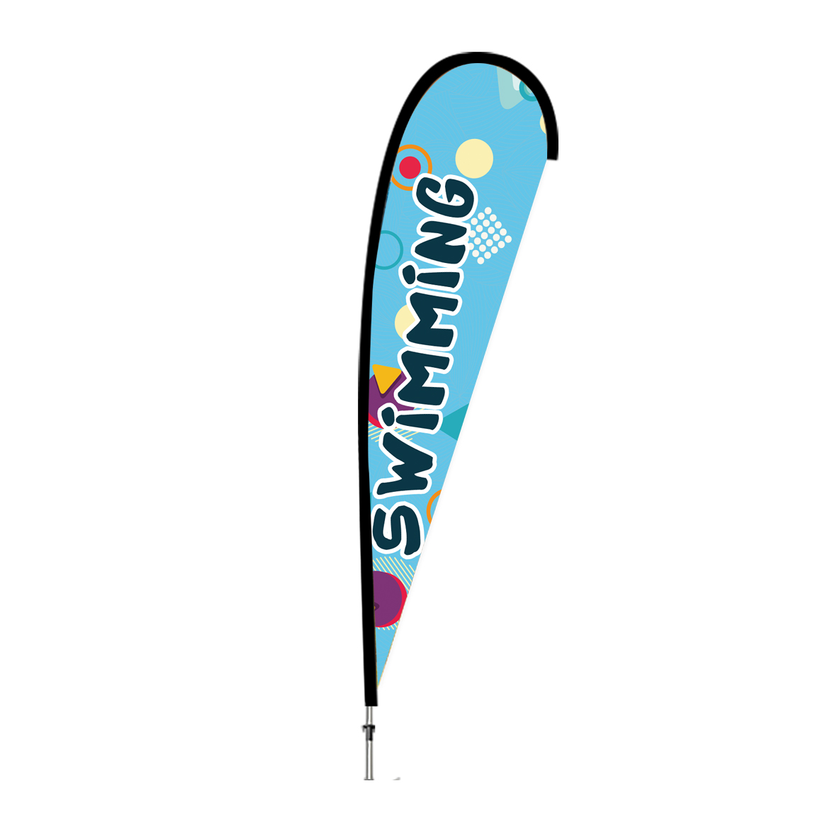 Teardrop banner with the word 'Swimming' on a blue background and colorful designs