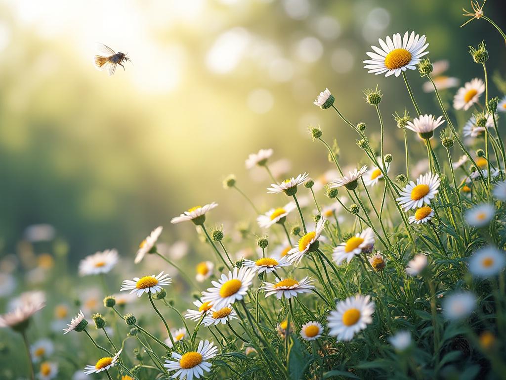 A tranquil meadow filled with blooming white daisies under a golden sunrise, with a bee hovering above.