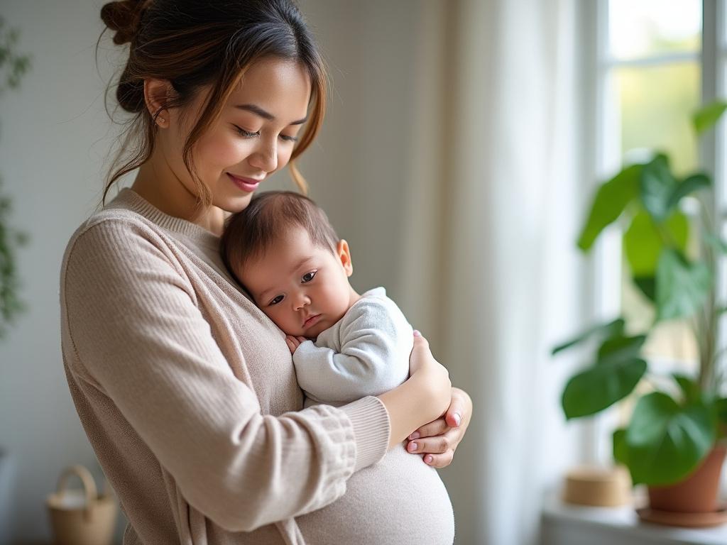 Smiling woman in beige sweater lovingly holds a baby, standing near a sunlit window with green plants.