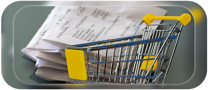 A shopping cart with receipts in the background