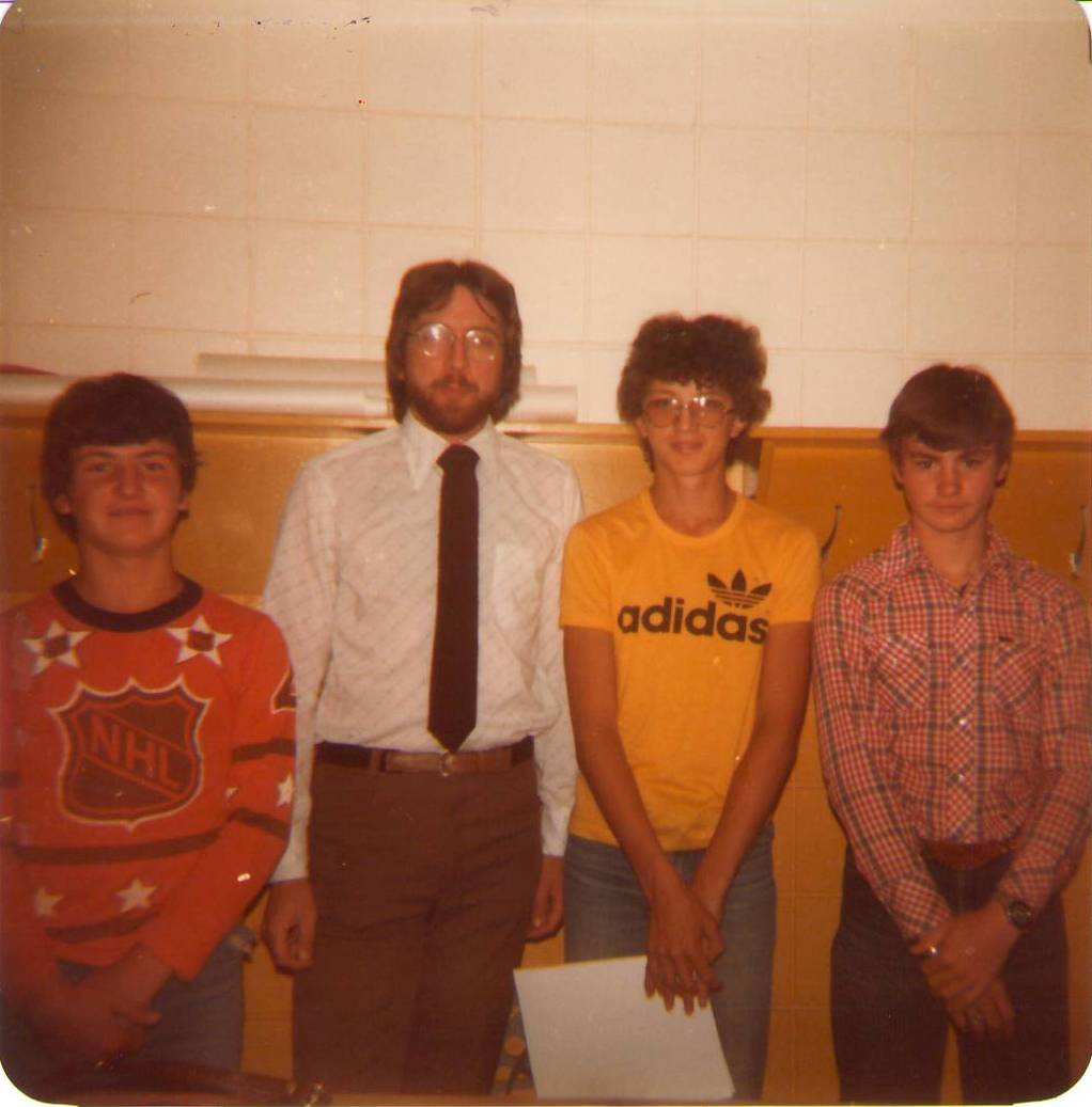 This is a photo from 1983 / 1984 school year. We know the gentleman in the tie is a teacher and the others are students - but don't know any of their names. If you recognize some one please comment below!
Fort Vermilion Public School / 2011.20.62
--EDIT--
(L-R) Kenneth (Kenny) Ward, Unknown Teacher, Gordon (Gordie) Smith, Kevin Smith.