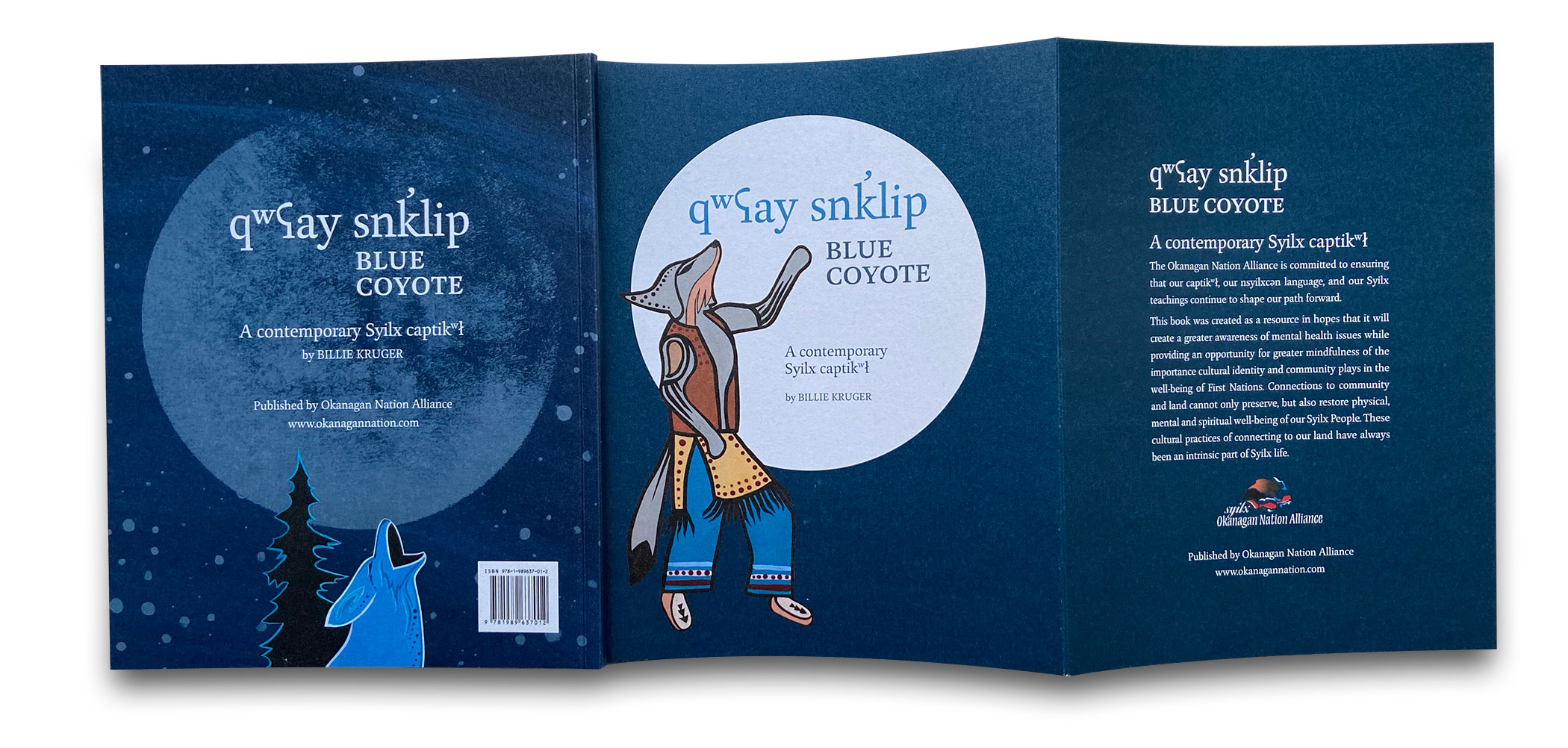 Okanagan Nation Alliance "Blue Coyote" contemporary captikwl, 2019. Illustrated by Billie Kruger.