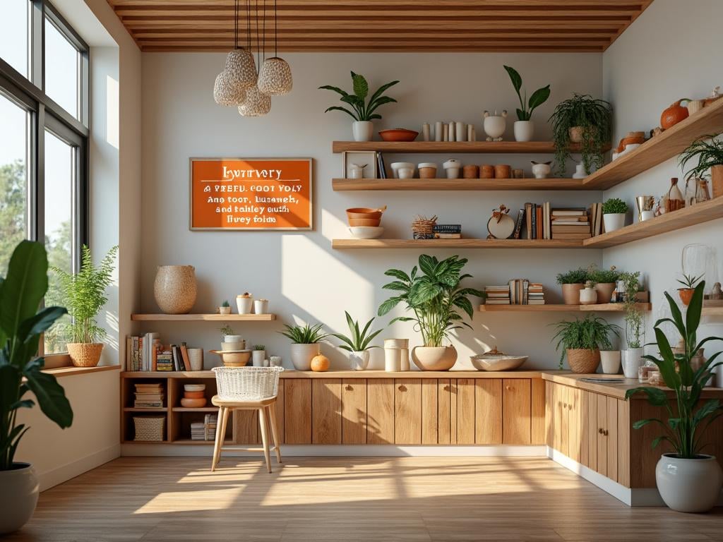Modern kitchen with wooden cabinets, open shelving filled with green plants and ceramics, large windows, wicker chair, and a decorative wall sign.