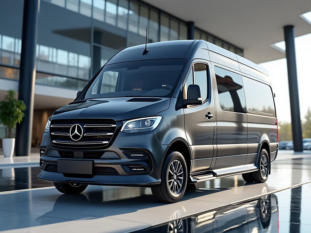 Sleek black Mercedes-Benz van parked in front of a modern architecture building. Sleek black Mercedes-Benz van parked in front of a modern architecture building.