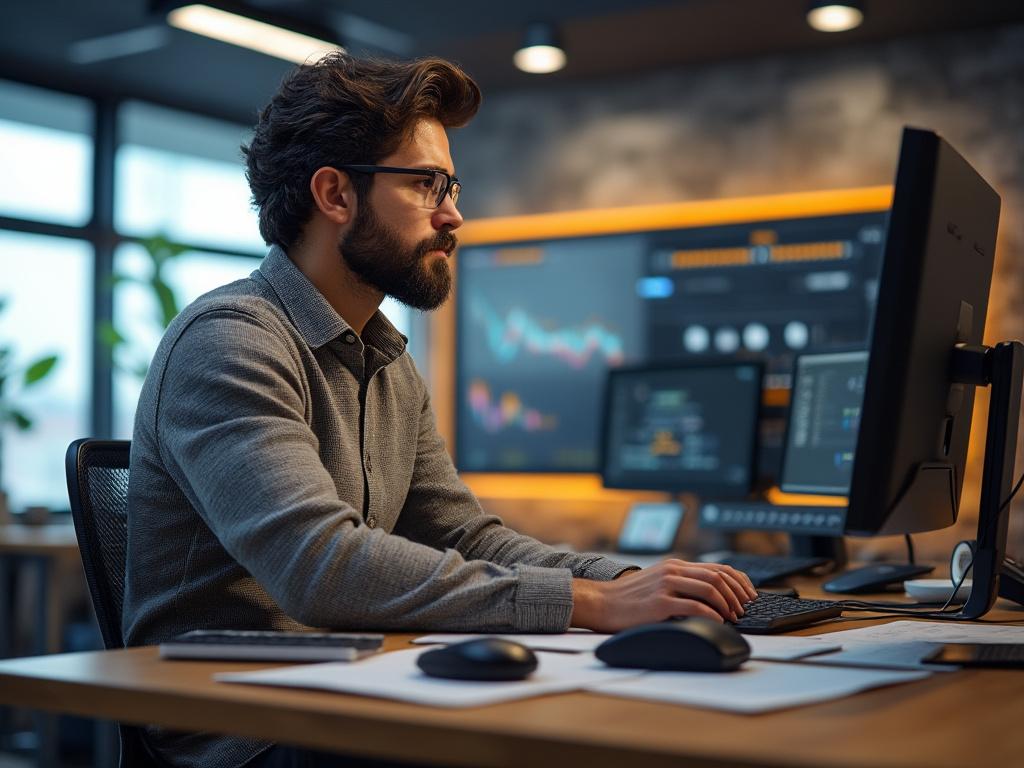 Man using computer with financial graphs on multiple monitors in modern office