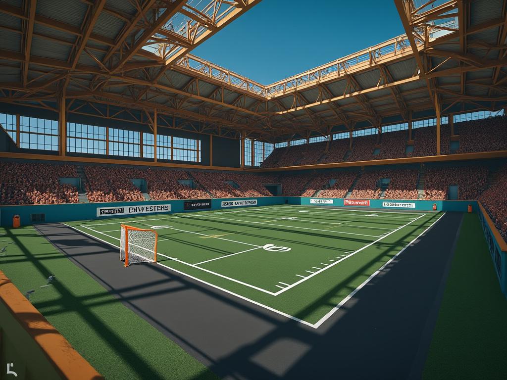 Indoor sports arena with a lacrosse field and spectator stands under a high arched ceiling.