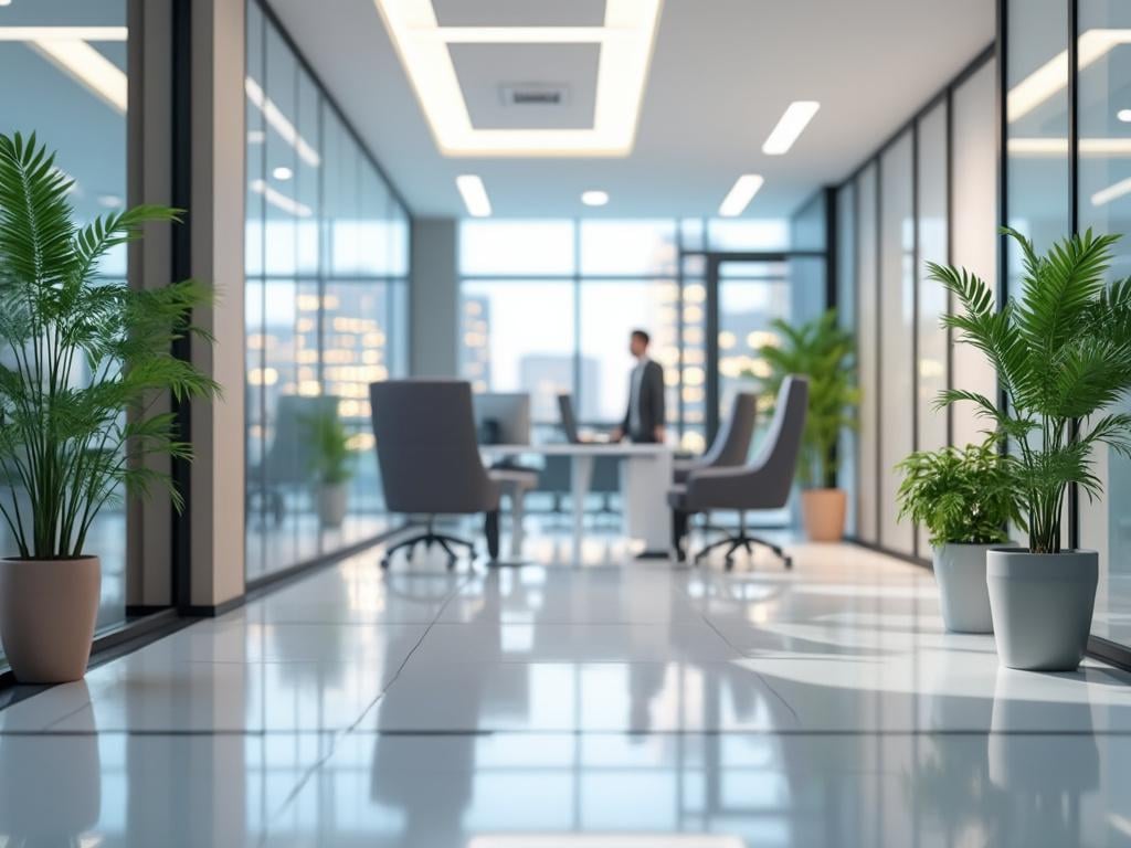 Modern office interior with glass walls, potted plants, and a distant figure near a desk.