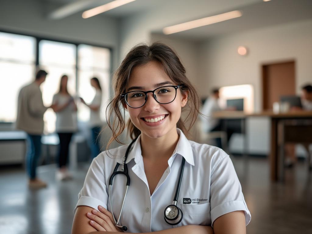 Smiling young healthcare professional with stethoscope in a modern office setting.