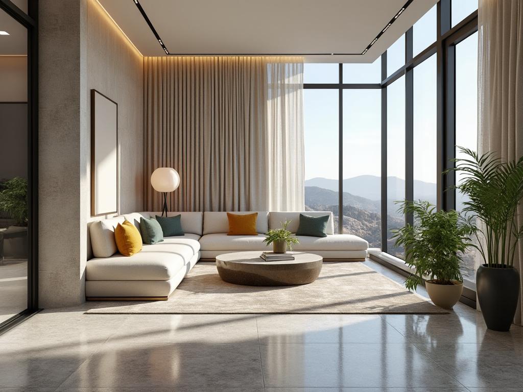 Modern living room with large windows, mountain view, white sectional sofa, colorful cushions, round coffee table, and potted plants.