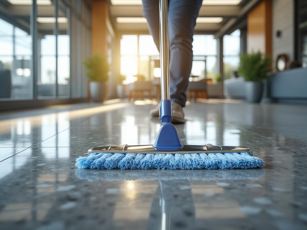 Close-up of a person cleaning a shiny floor with a blue mop in a modern, sunlit room.