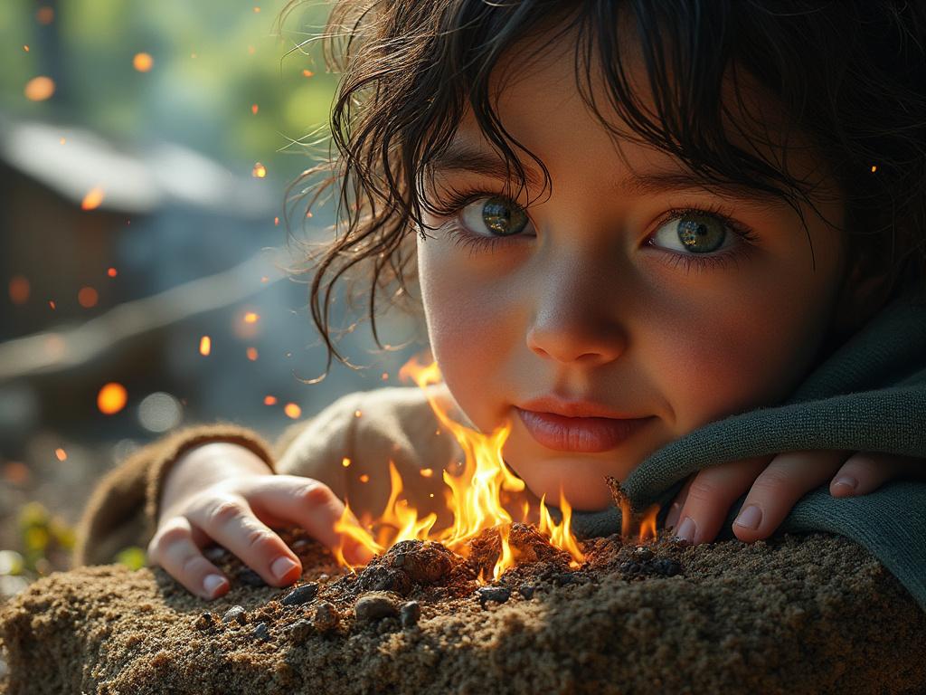 Young child with green eyes gazing at small fire on sandy ground, surrounded by glowing embers.