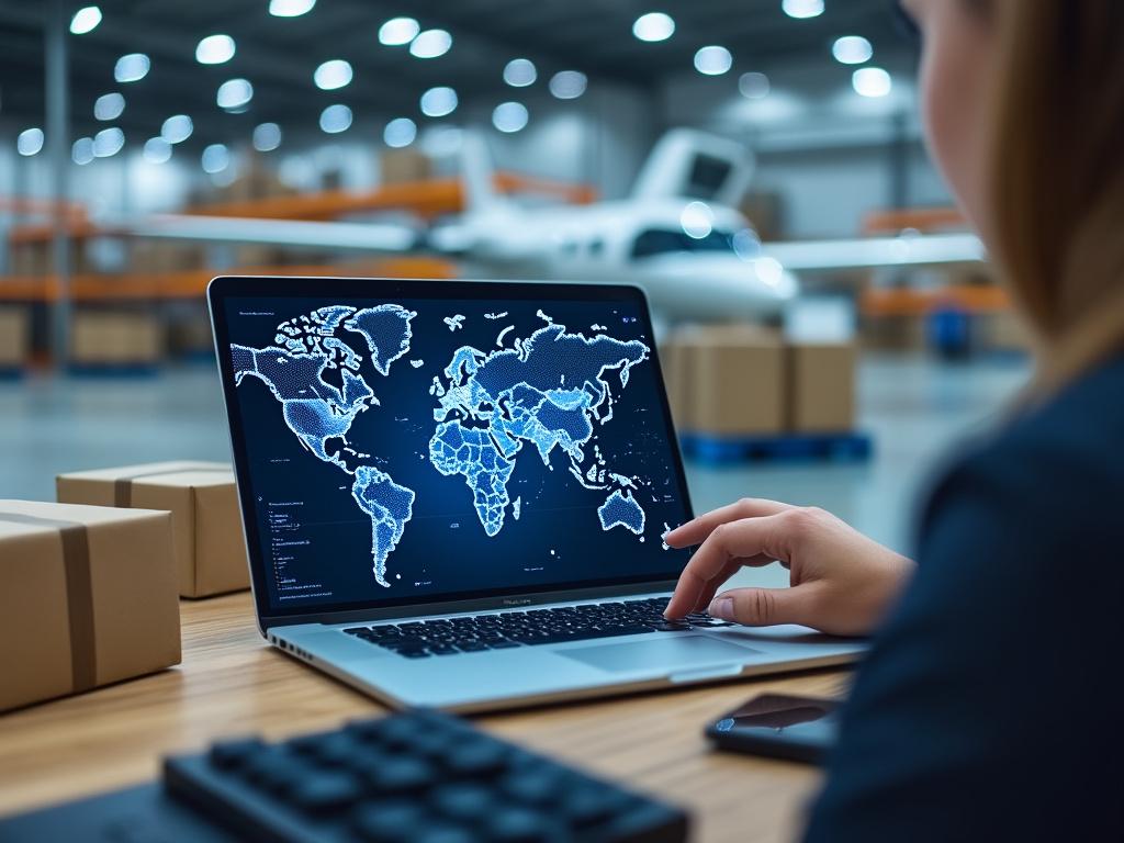 Person using laptop with world map, in warehouse with shipping truck and packages