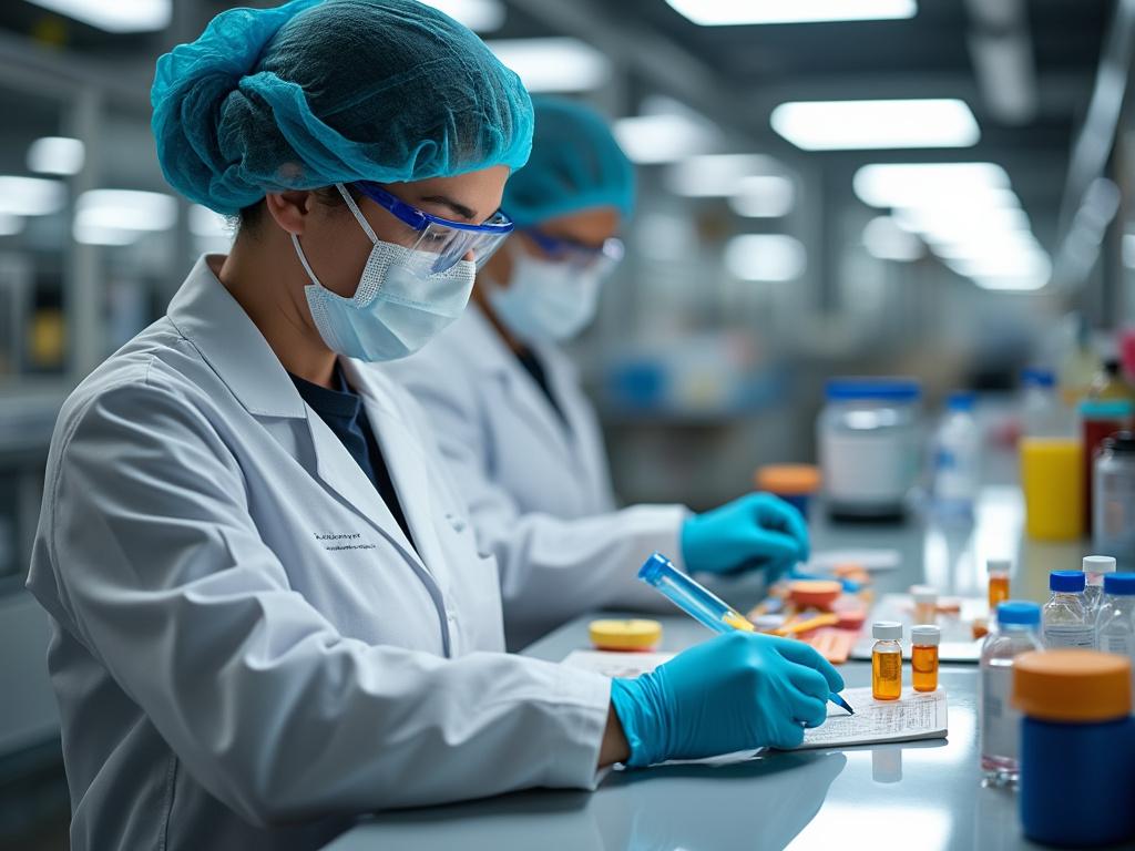 Scientist in protective gear working in a laboratory with various chemicals and equipment.