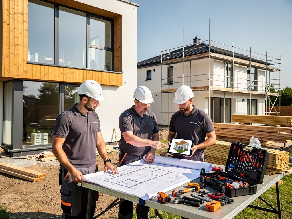 Construction workers reviewing blueprints and tablet 3D house model at modern residential building site with scaffolding and tools