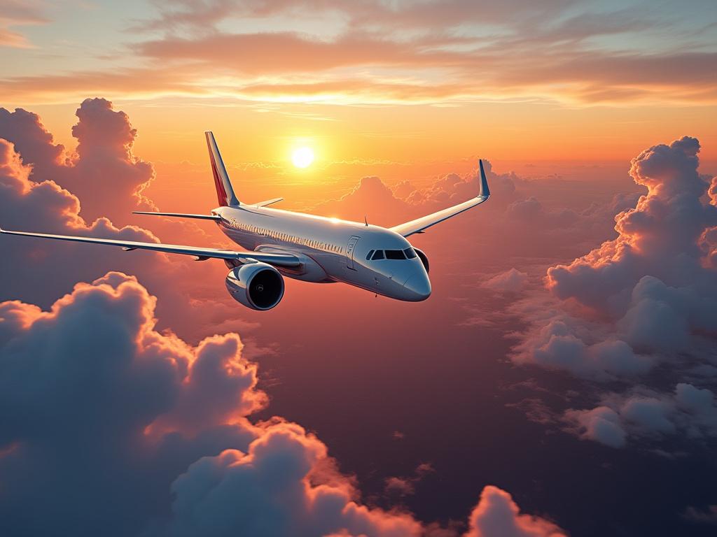 Modern white semi-truck driving through a cityscape at sunset, with blurred buildings and vibrant sky.