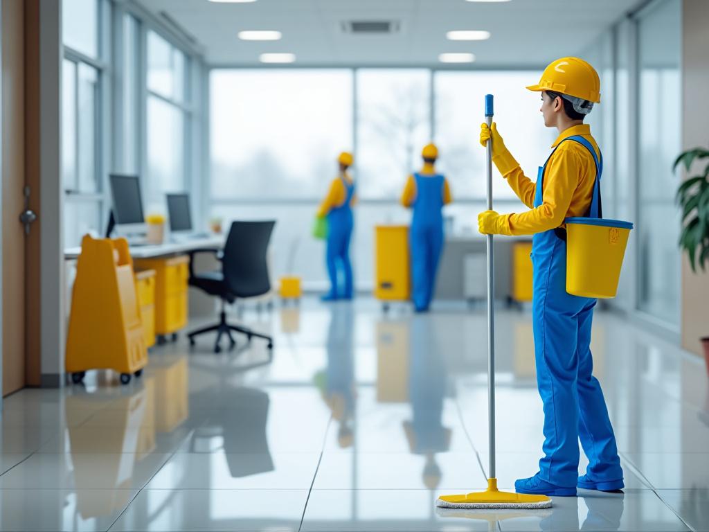 Jeune agent de nettoyage en tenue bleue et jaune nettoyant un bureau moderne, avec deux autres agents en arrière-plan.