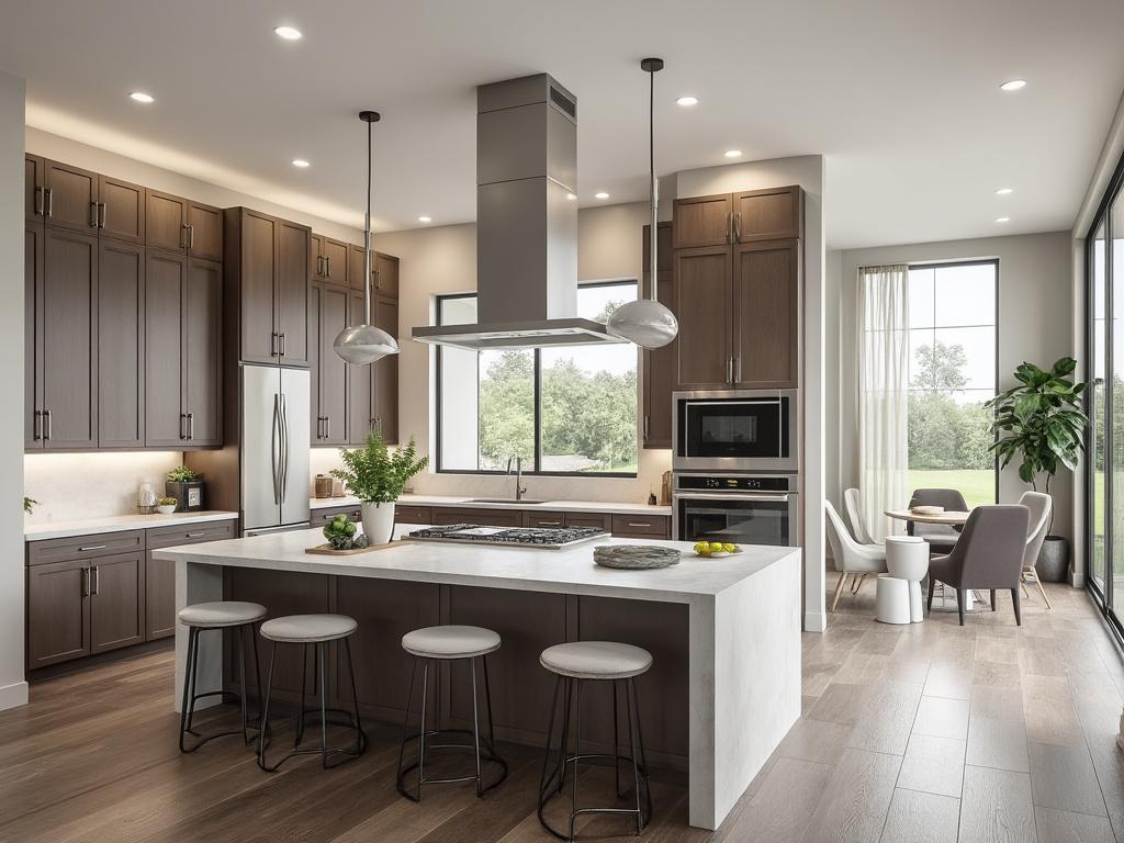 Modern kitchen with wooden cabinets, stainless steel appliances, large island with stools, pendant lights, and a dining area with a large window overlooking greenery.