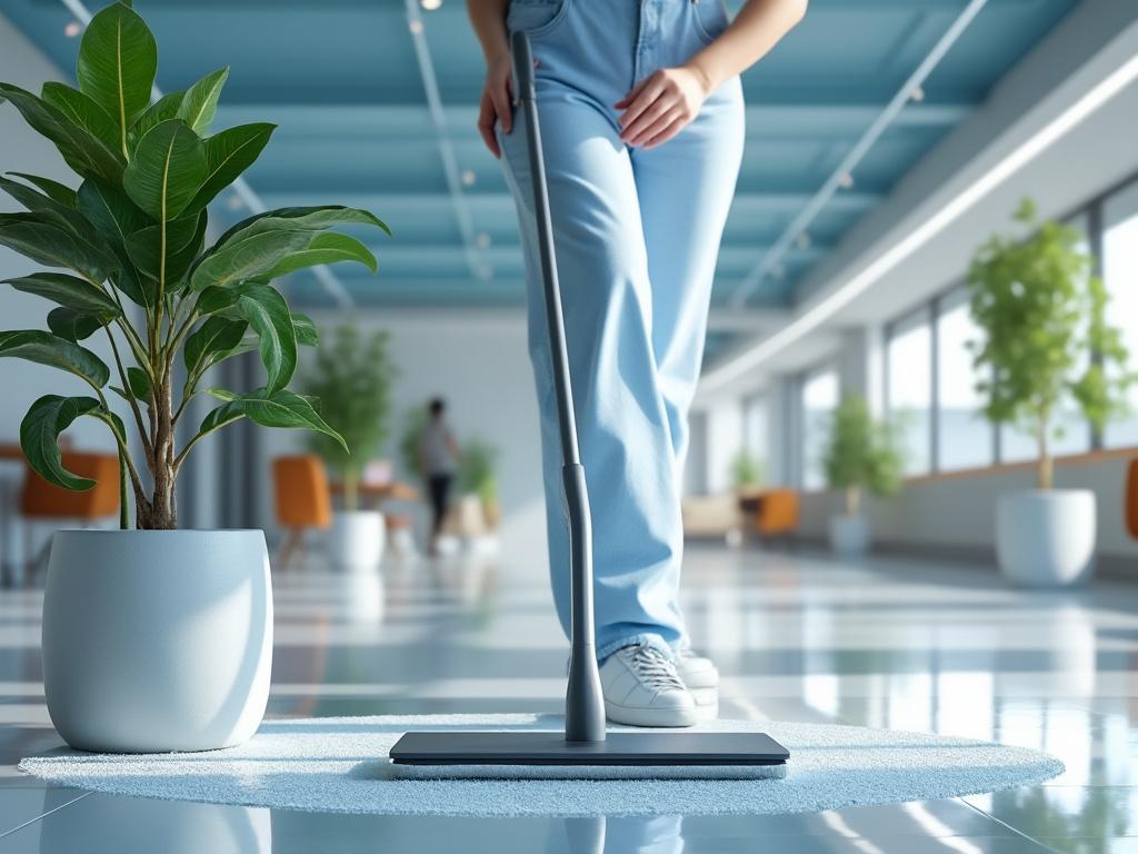 Personne en tenue bleue balayant le sol dans un bureau moderne lumineux avec plantes en pot.