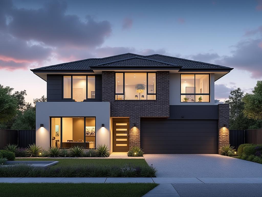 Modern two-story house exterior at dusk with large windows and a well-lit driveway.