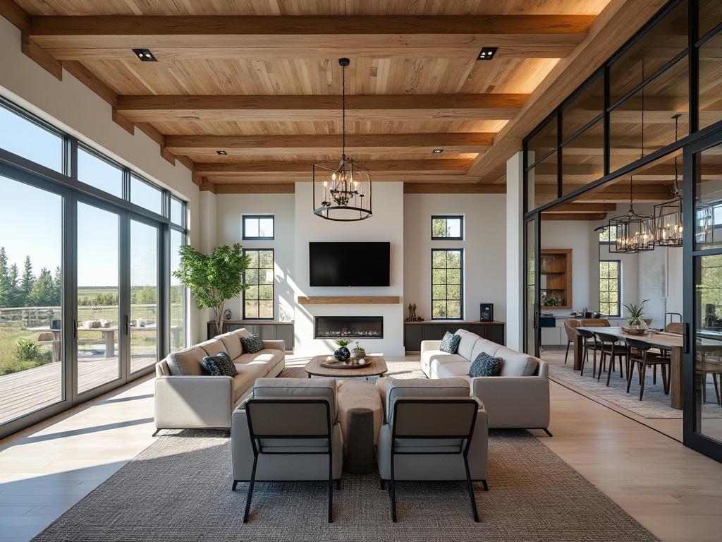 Modern living room with large windows, wooden ceiling, cozy sofas, flat-screen TV, fireplace, and open area dining room.