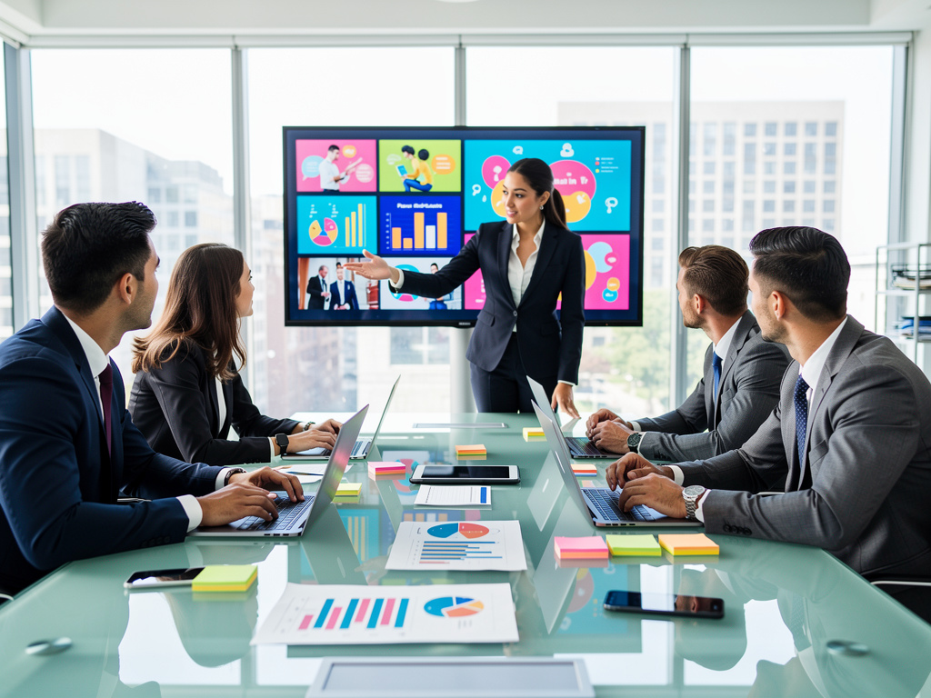 Businesswoman presenting digital marketing analytics to team in modern conference room