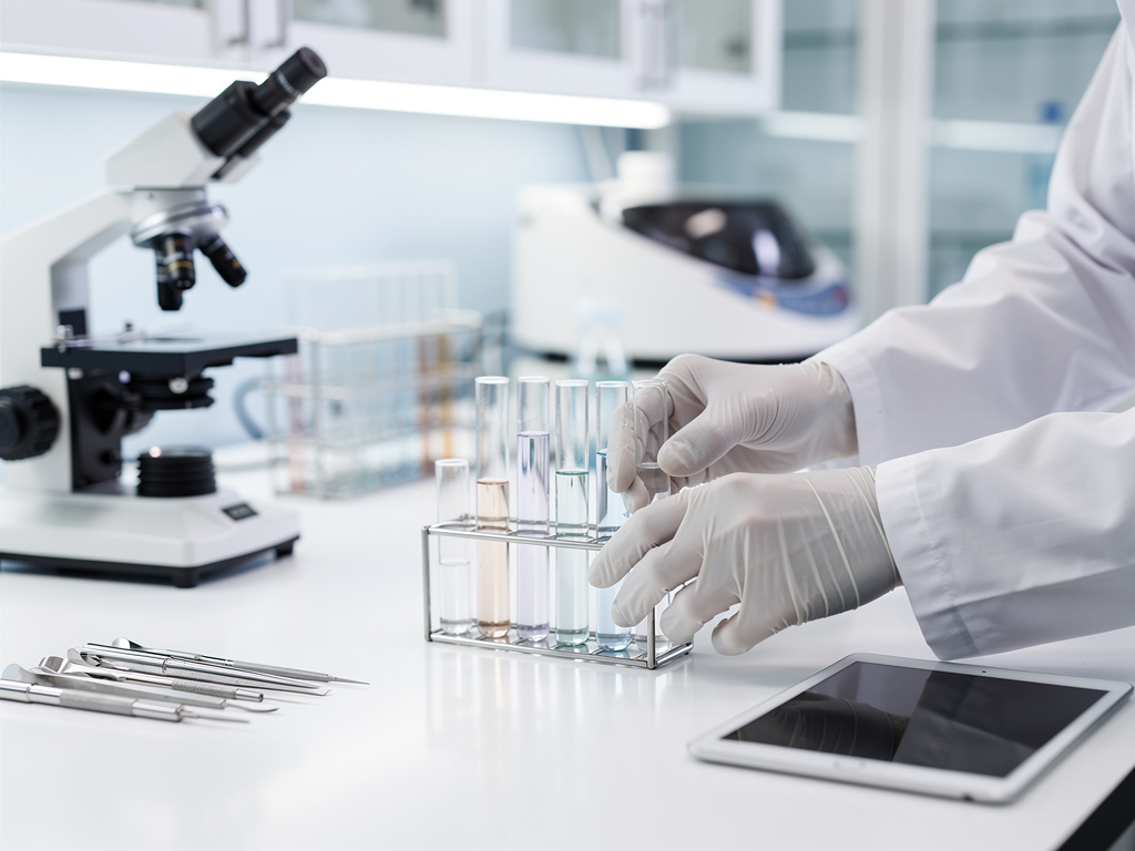 Scientist in a modern laboratory handling colorful test tubes with microscope and tablet on the lab bench