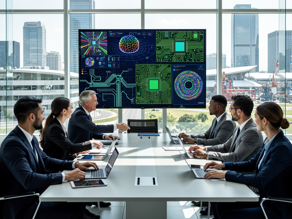 Business team meeting in modern conference room with digital AI circuit board presentation on large screen