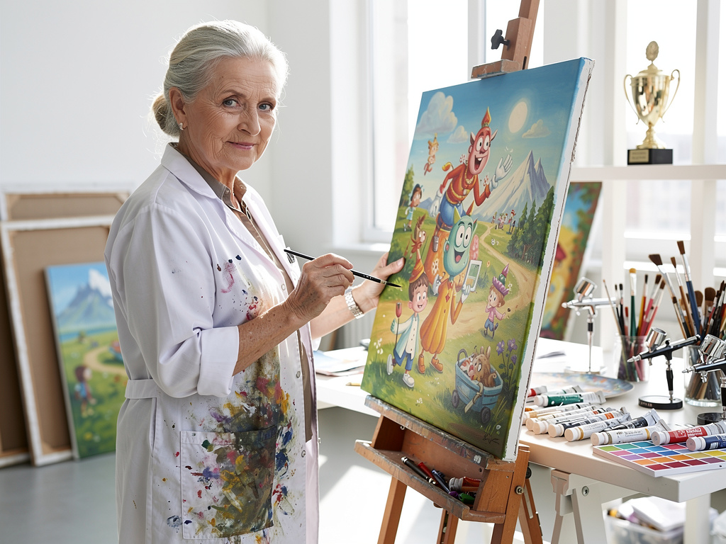 Senior female artist painting colorful cartoon scene on canvas in bright art studio