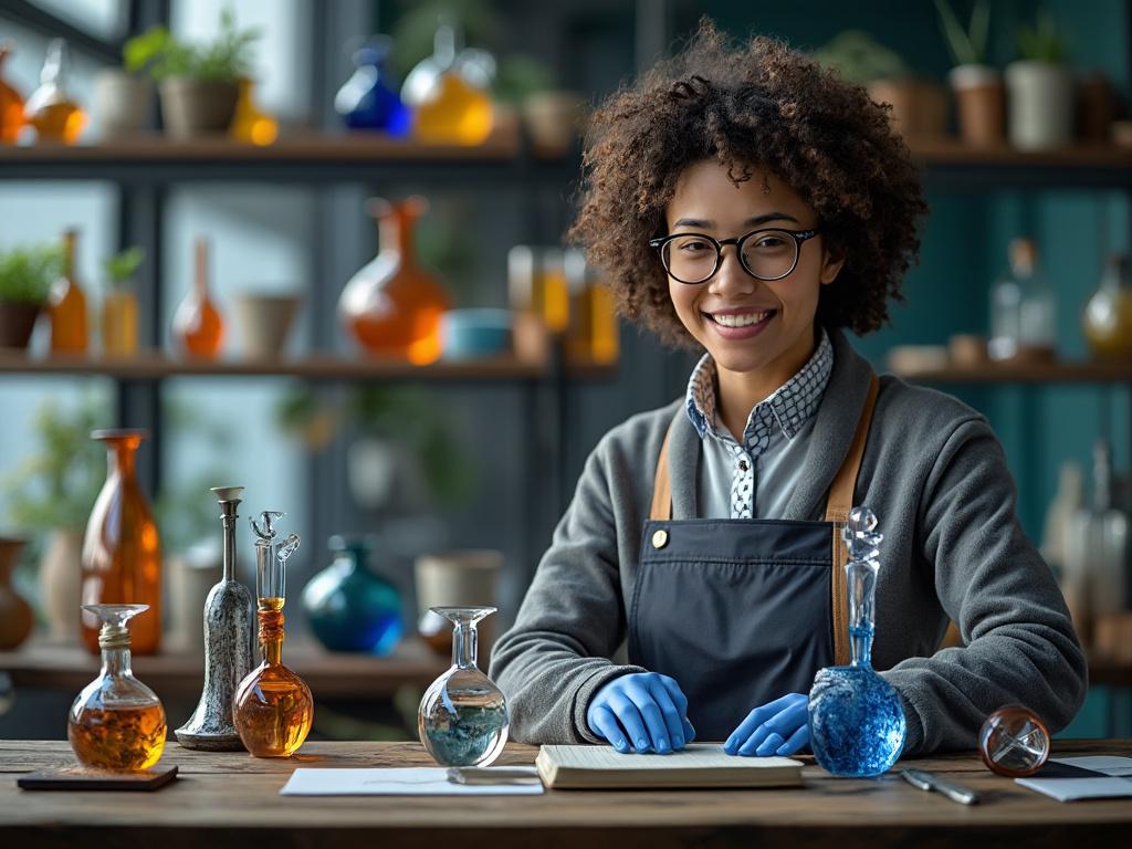 Smiling scientist in a lab with vintage glassware and colorful chemicals.
