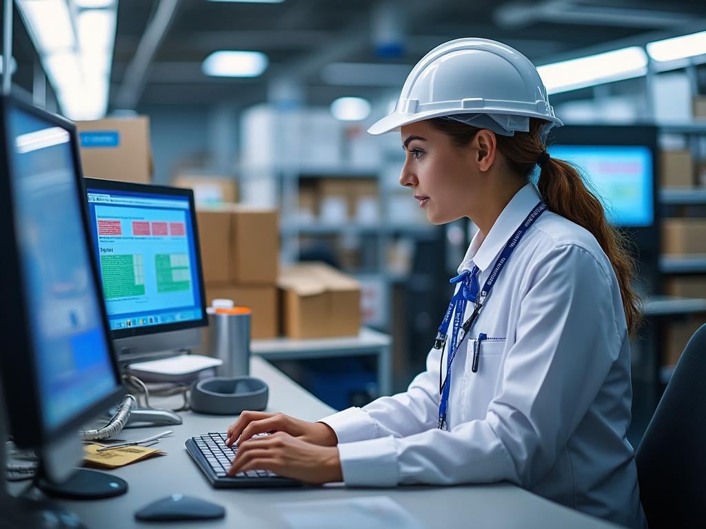 Woman in a white hard hat working on a computer in an office setting, surrounded by boxes. Woman in a white hard hat working on a computer in an office setting, surrounded by boxes.