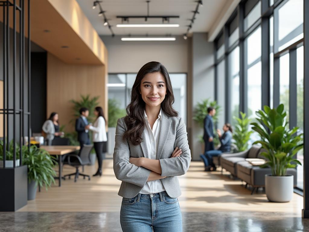 Confident woman in a modern office with colleagues in the background, natural lighting and green plants.
