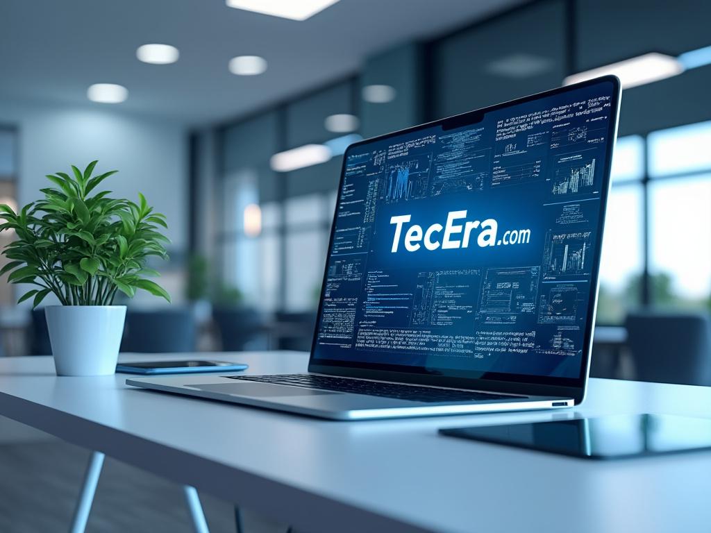 Laptop displaying TecEra.com website in a modern office with a potted plant on the desk. Laptop displaying TecEra.com website in a modern office with a potted plant on the desk.