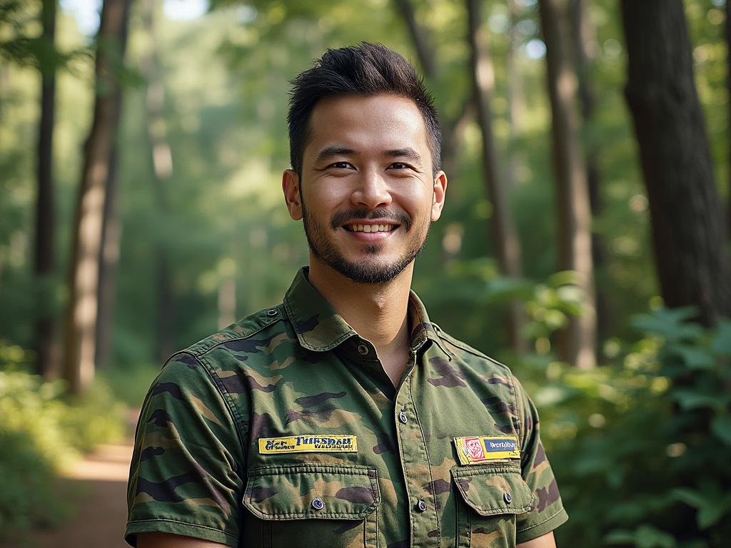Smiling man in camouflage shirt standing in a lush forest
