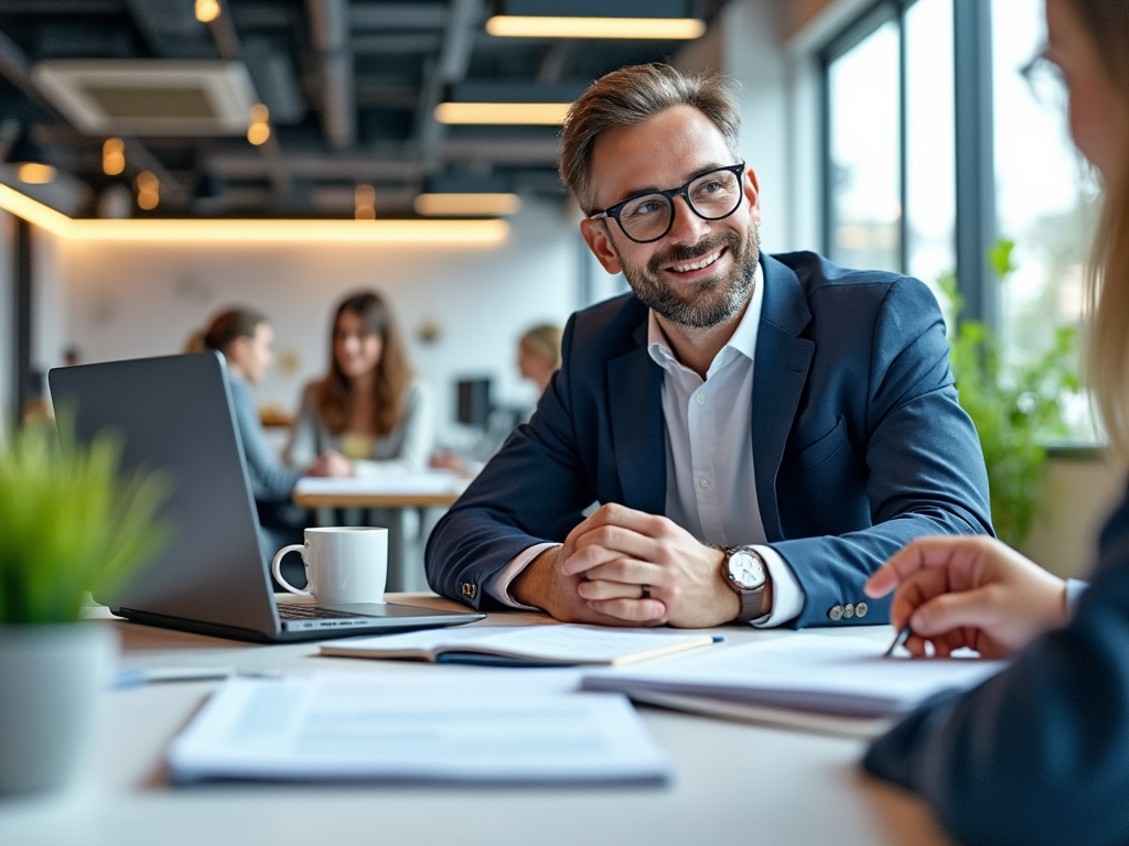 Business professional in a suit smiling during a meeting in a modern office environment with papers and laptop on the table.