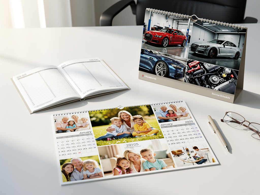 Custom desk calendars, notebooks, business cards, and stationery displayed on a modern office desk