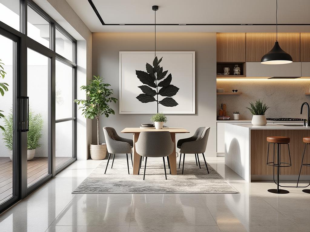 Modern dining room and kitchen with wooden furniture, large plant artwork, and natural lighting.
