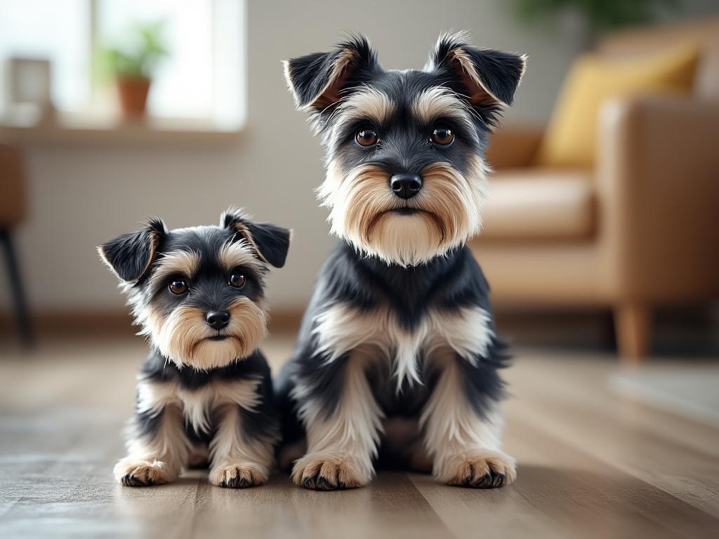 Two adorable Yorkshire Terrier puppies sitting on a wooden floor in a cozy living room environment.