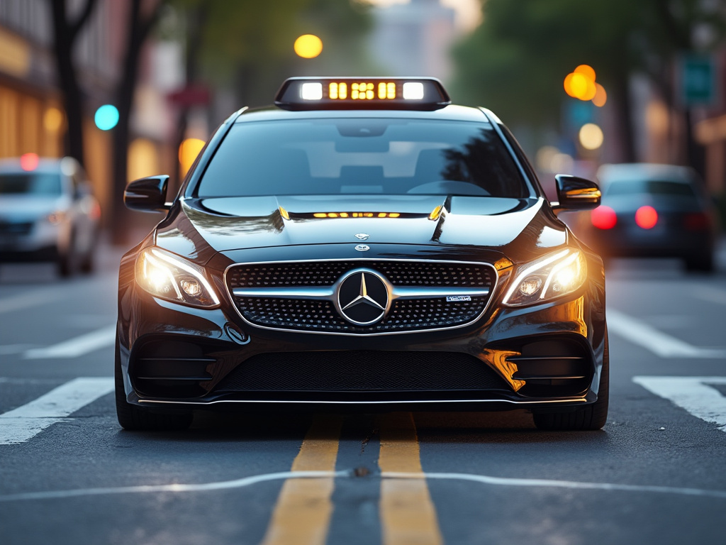 Black Mercedes-Benz taxi with headlights on driving down a city street at dusk