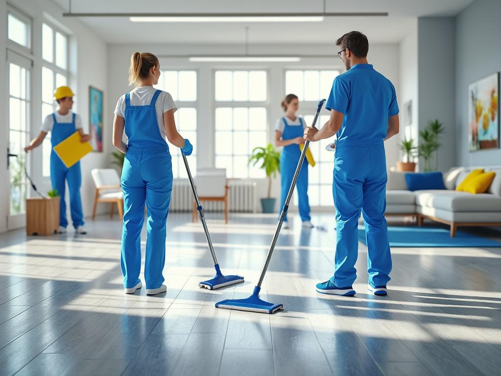 Group of professional cleaners in blue uniforms mopping a bright modern living room with large windows and wooden floor.