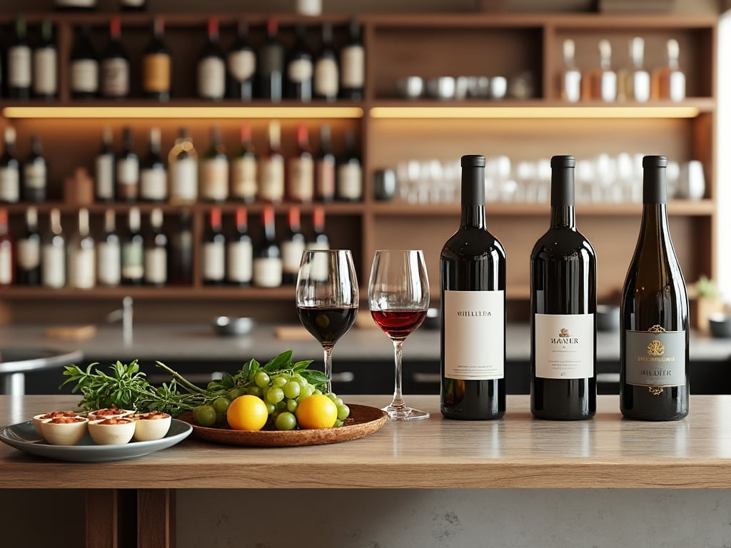 Three wine bottles with two filled glasses on a wooden counter, accompanied by a plate of fresh fruits and herbs in a modern wine bar setting.