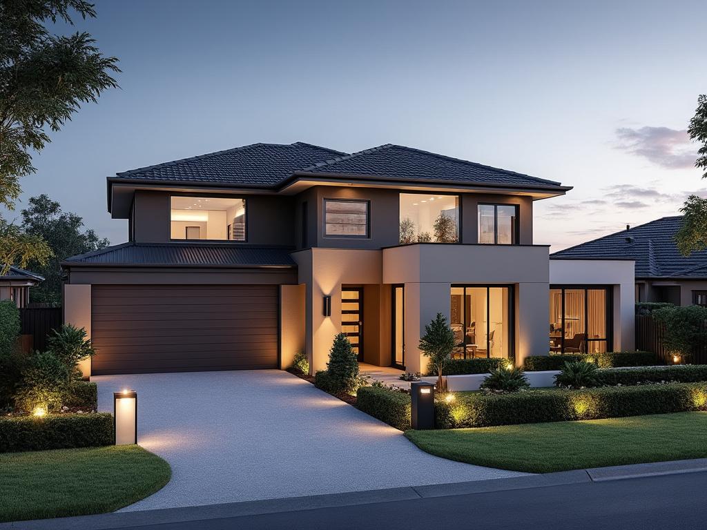 Modern two-story house with well-lit exterior, large windows, and landscaped front yard at dusk.