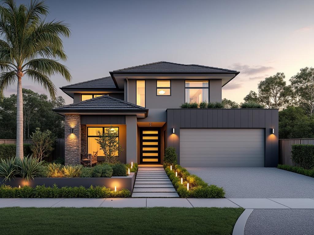 Modern two-story house with driveway and landscaping at dusk.
